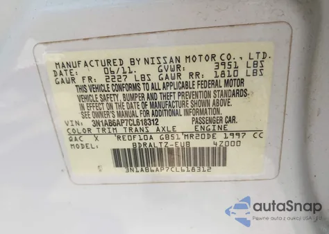 2012 Nissan Sentra 2.0 Sr z USA, uszkodzony, nr VIN 3N1AB6AP7CL618312